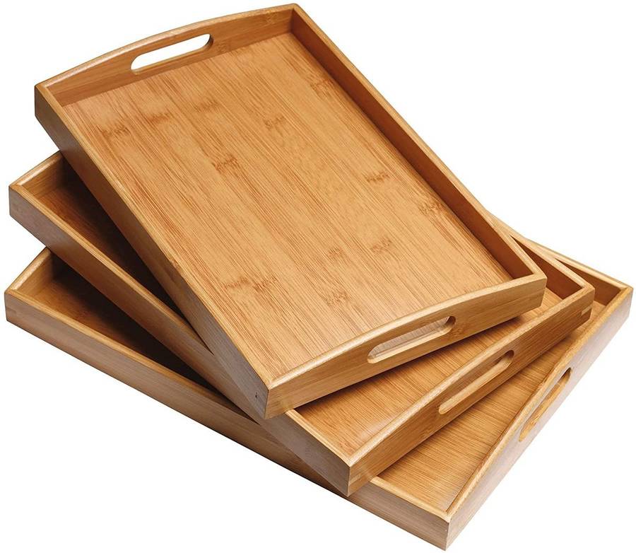 3 Piece Sturdy Rectangle Wooden Tray Set