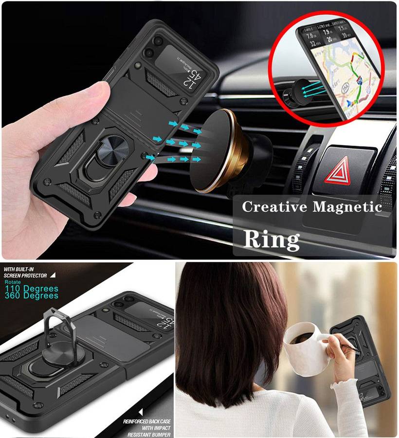 Dual Layer Protection Shockproof Ring Stand Holder Sliding Camera Case For Samsung Galaxy Z Flip3 5G