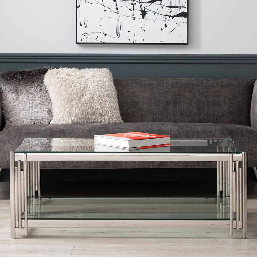 Coffee Tables -RectangularClear Tempered Glass Top with Steel Frame-Silver