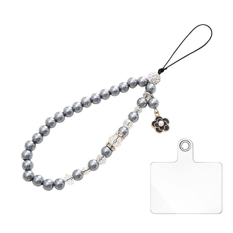 Beaded Crystal Pearls Phone Charm Chain with Patch - Black