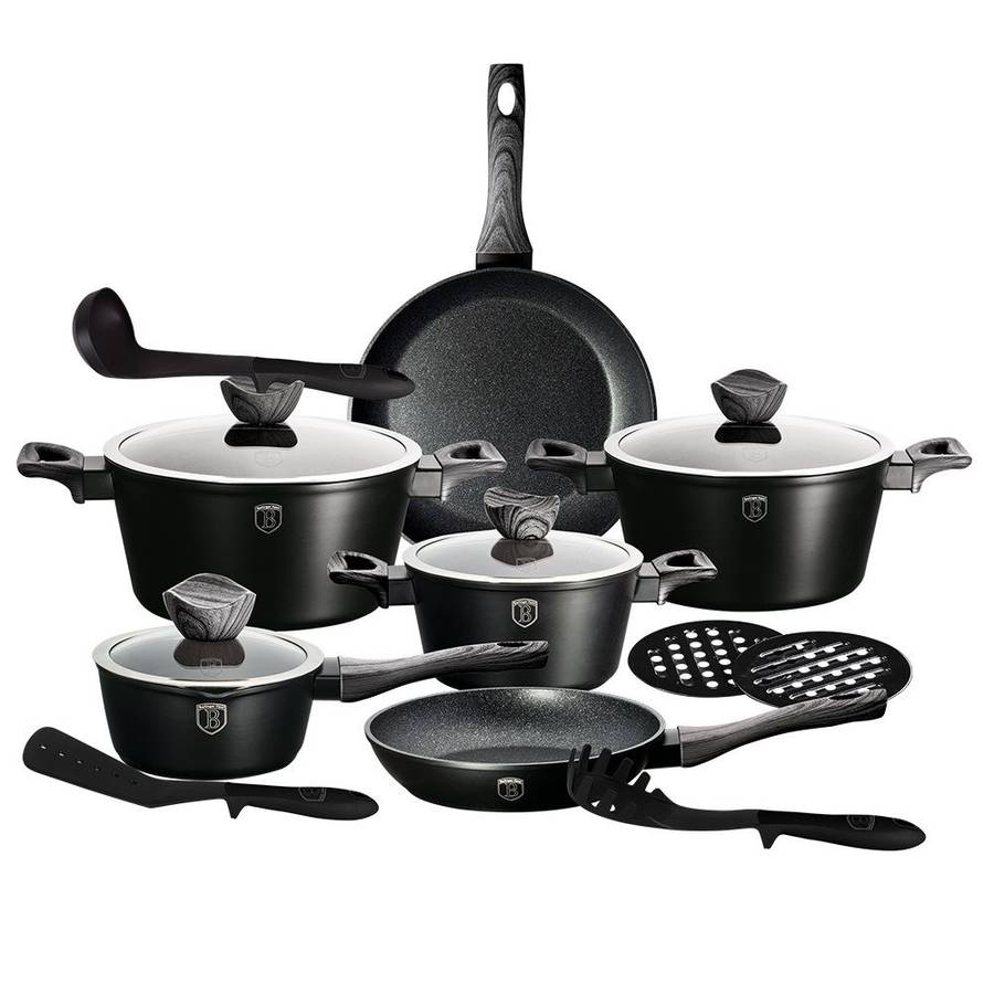 Berlinger Haus 15 Pieces Marble Coating Ebony Smoked Wood Line Cookware Set (READ THE DESCRIPTION)