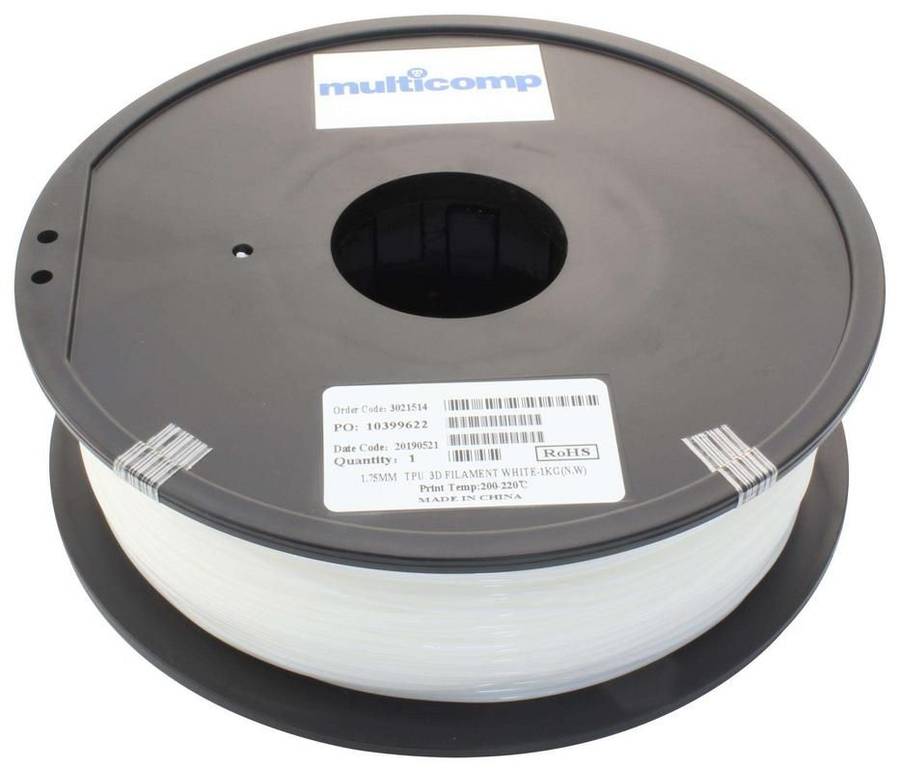 3D Printer Filament, TPU, 1.75 mm, White, 220 °C Melting Temp