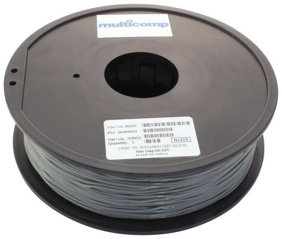 3D Printer Filament, TPU, 1.75 mm, Grey, 220 °C Melting Temp
