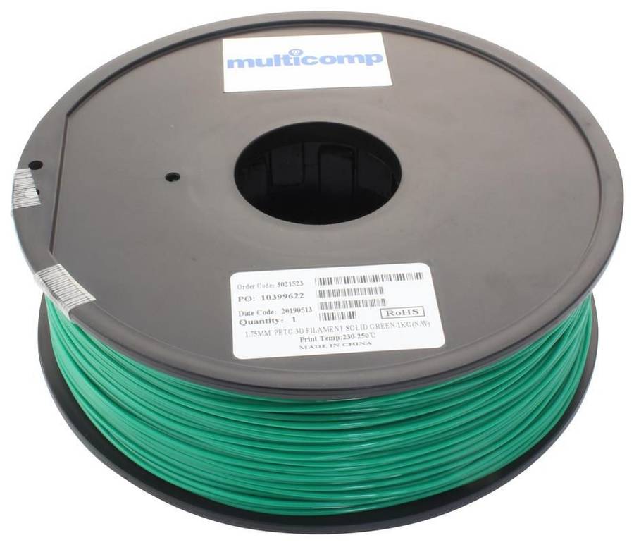 3D Printer Filament, PETG, 1.75 mm, Solid Green, 250 °C Melting Temp