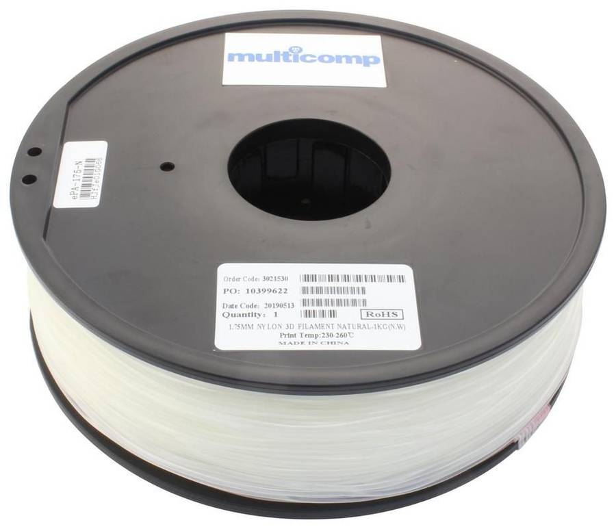 3D Printer Filament, Nylon, 1.75 mm, Natural, 260 °C Melting Temp