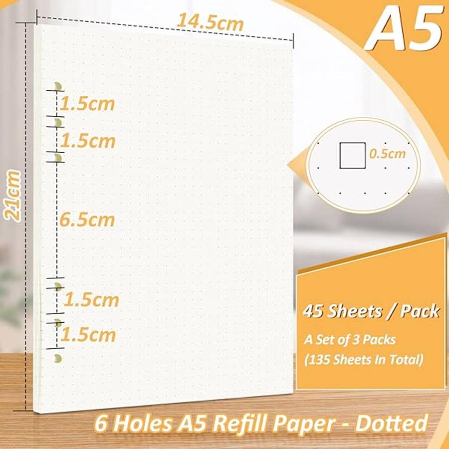 A5 Dotted Paper Refill, 3 Packs Binder Paper, Loose Leaf Paper Journal Refill Applicable To 6 Hol...