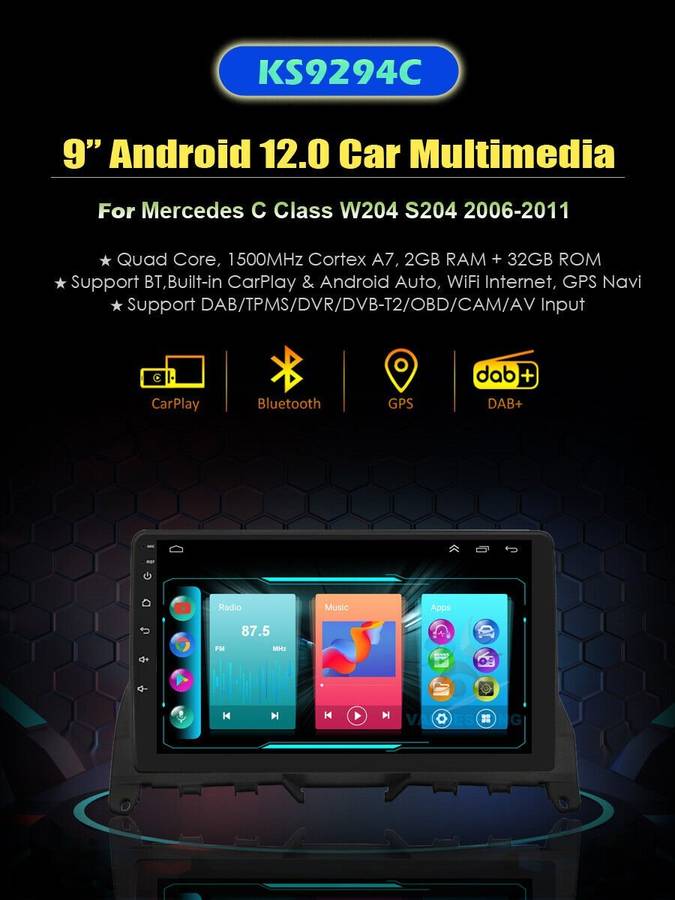 9" Android 12 CarPlay Car Stereo Radio GPS For Mercedes Benz C Class W204 S204