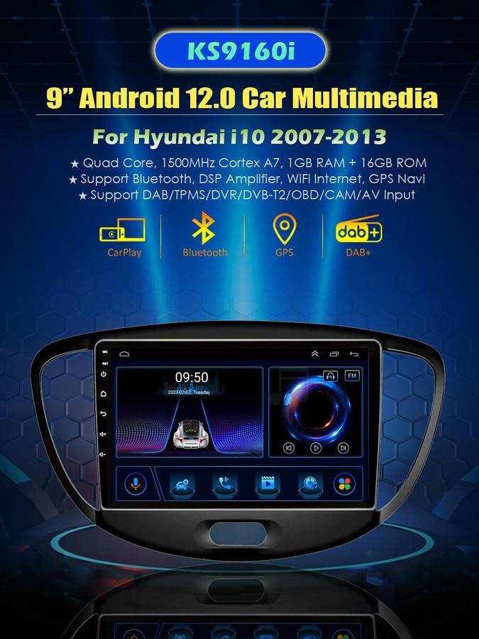 9" Touch Screen Autoradio For Hyundai i10 2007-2013 DAB Android12 GPS Navigation