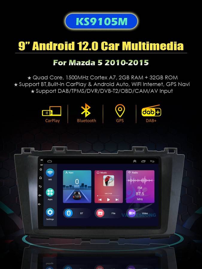 9" Android Auto CarPlay DAB Car Radio Head Unit GPS Stereo For MAZDA5 2010-2015