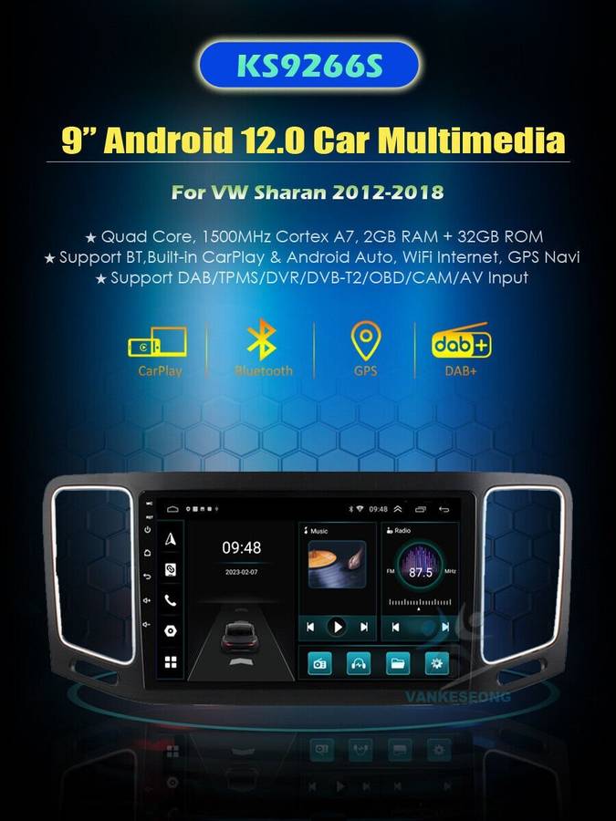 9" Android 12 32GB BT CarPlay Android Head Unit GPS Navi For VW Sharan 2012-2018