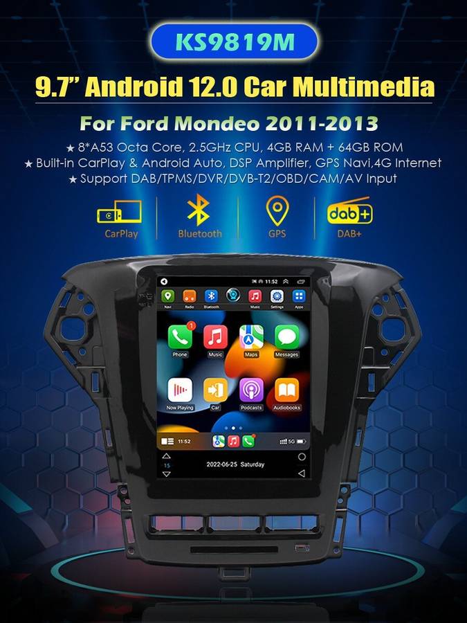 9.7"For Ford Mondeo IV 2011-2013 Car Stereo CarPlay Android 12 GPS Navi DAB+64GB