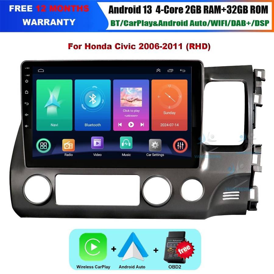 10" Android 13 CarPlay GPS Radio Car Multimedia Stereo For Honda Civic 2006-2011
