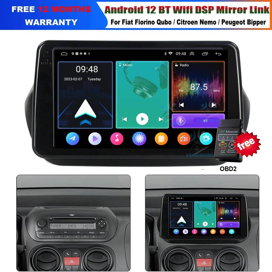 9" 1DIN Car Radio Head Unit DAB Wifi Android 12 GPS For Peugeot Bipper 2008-2017