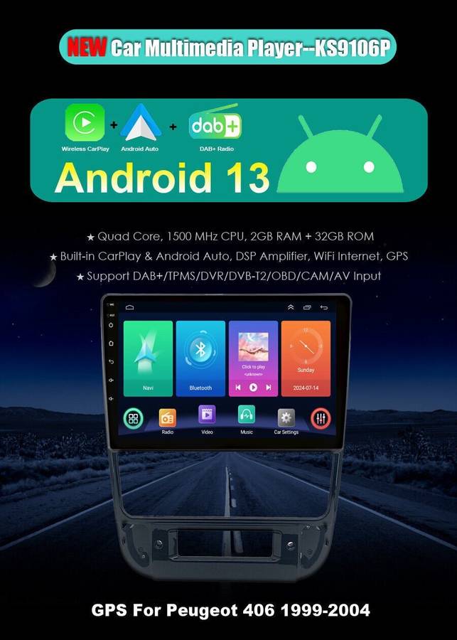 9" Android 13 Car Stereo Bluetooth DAB Radio GPS Navi for Peugeot 406 1999-2004