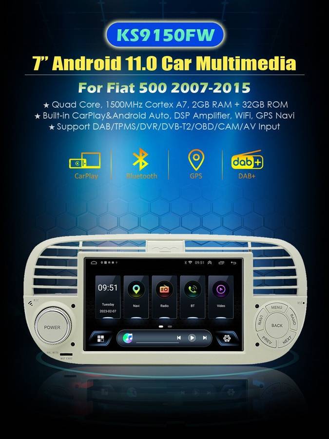 CarPlay Android 11 Head Unit GPS Sat Nav DAB+Radio For Fiat 500 2007-2015 9"WiFi