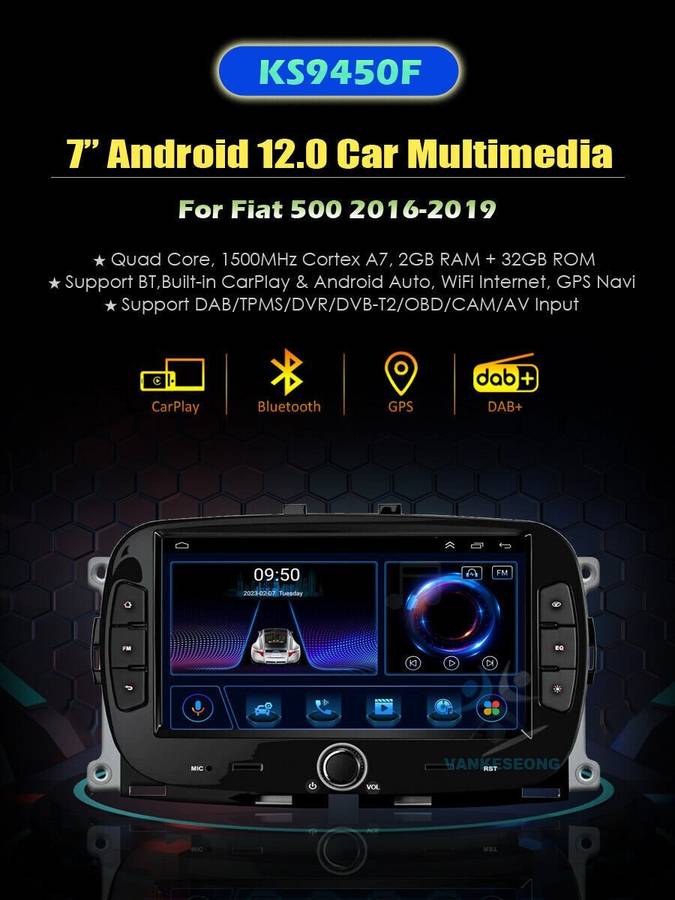 7" 32GB Android 12 Head Unit BT CarPlay Sat Nav GPS Radio For Fiat 500 2016-2019
