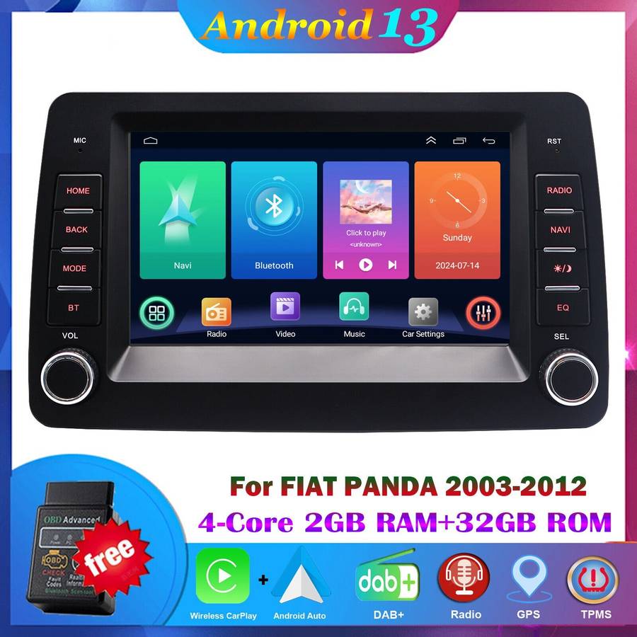 7" Car Multimedia DAB+ Radio Android13 Car Stereo Navi for Fiat Panda 2003-2012