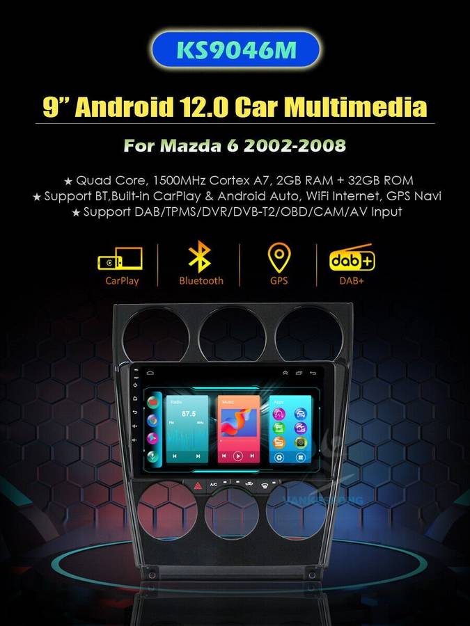 9" Android12 BT CarPlay Autoradio Bluetooth Navigation GPS For Mazda 6 2002-2008