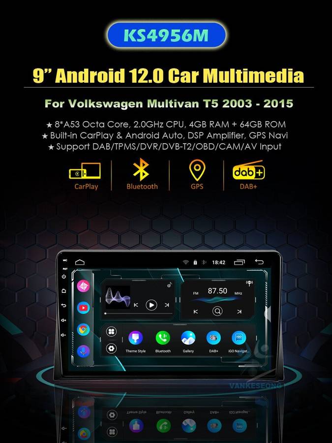 9" 4+64GB Android 12 DAB Autoradio For VW Multivan T5 2003-2015 BT GPS Video+OBD