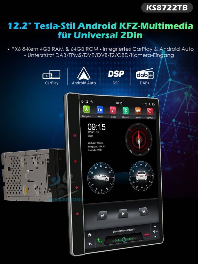 12.2" Doppel Din 4+64GB Android Auto CarPlay Autoradio Navigation GPS BT DAB DSP