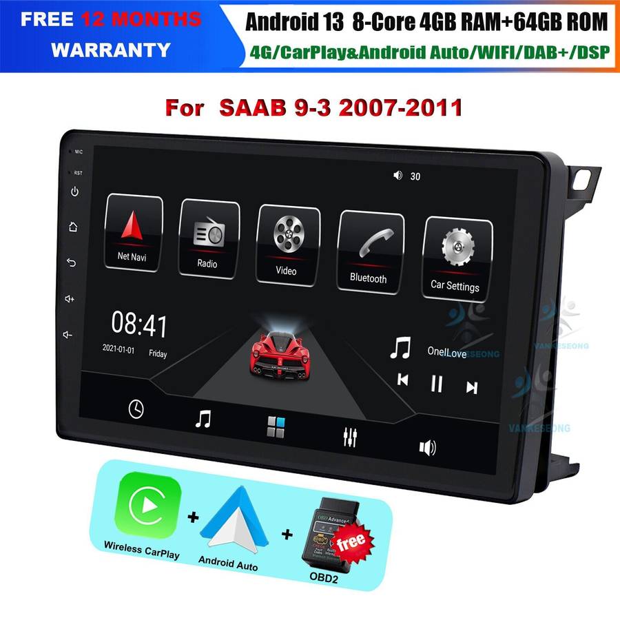 9" 8-Kern 64GB BT Android Auto CarPlay For SAAB 9-3 2007-2011 GPS DAB+ Autoradio