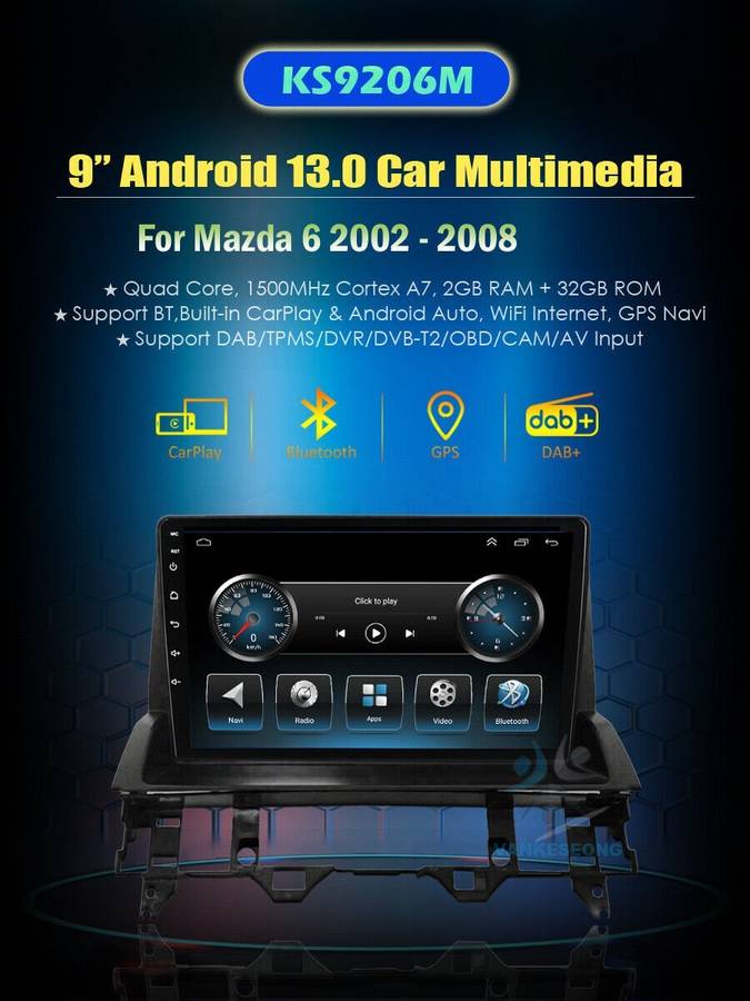 9"For MAZDA 6 DAB+ AutoRadio USB Navigation BT Carplay Android Auto GPS