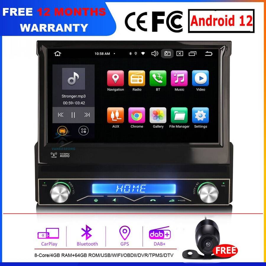 Touch Screen Single DIN Android 12 Head Unit GPS Sat Nav 4G CarPlay Radio 4+64GB