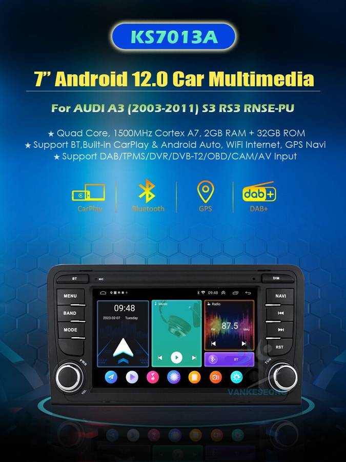 7" CarPlay Wifi Autoradio Bluetooth DAB+ GPS Navi For Audi A3 S3 RS3 2003-2012