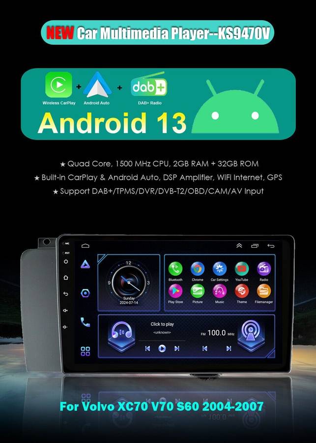 For Volvo XC70 V70 S60 2004-2007 Android Auto Radio Navigation BT DAB+