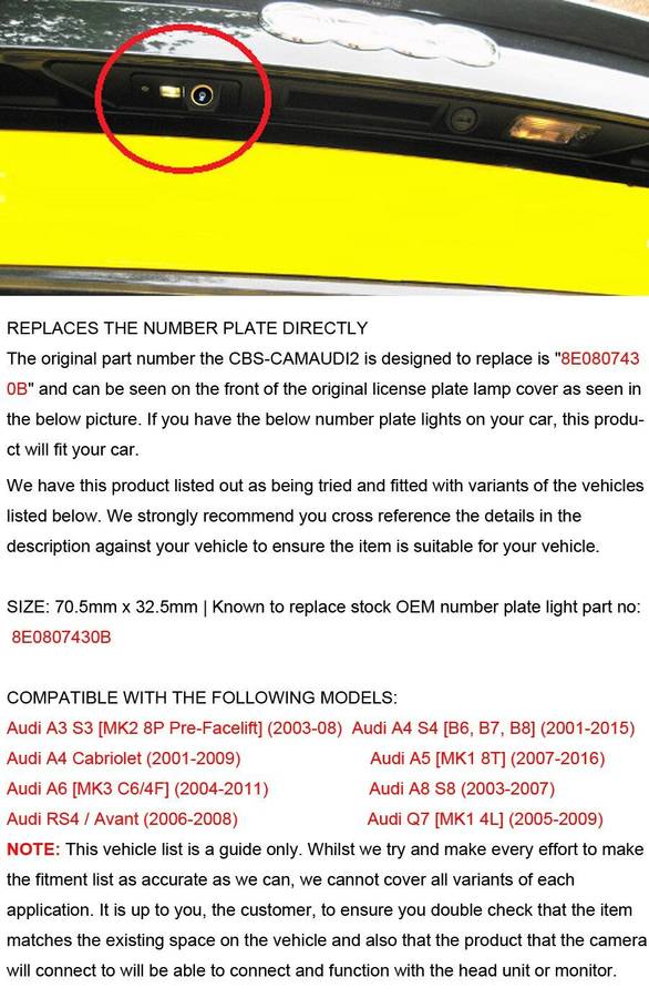 AHD CVBS Auto Rear View Camera For Audi A3 S3 A4 S4 B6 B7 B8 Number Plate Light
