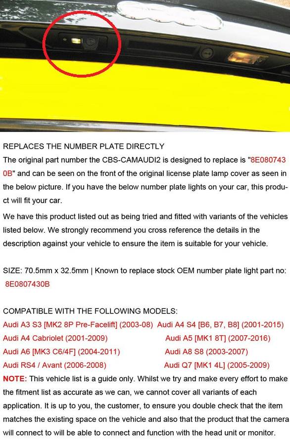 Car Rear View Reverse Camera For Audi A6 MK3 A8 S8 RS4 Avant Number Plate Light