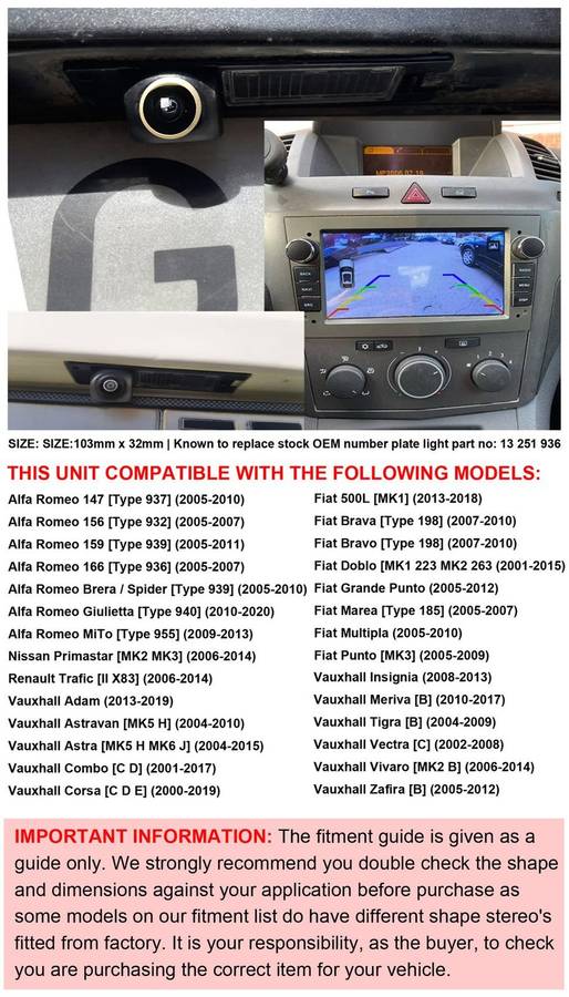 Reverse Camera For Renault Trafic X83 Fiat Multipla Number Plate Light AHD 1080P