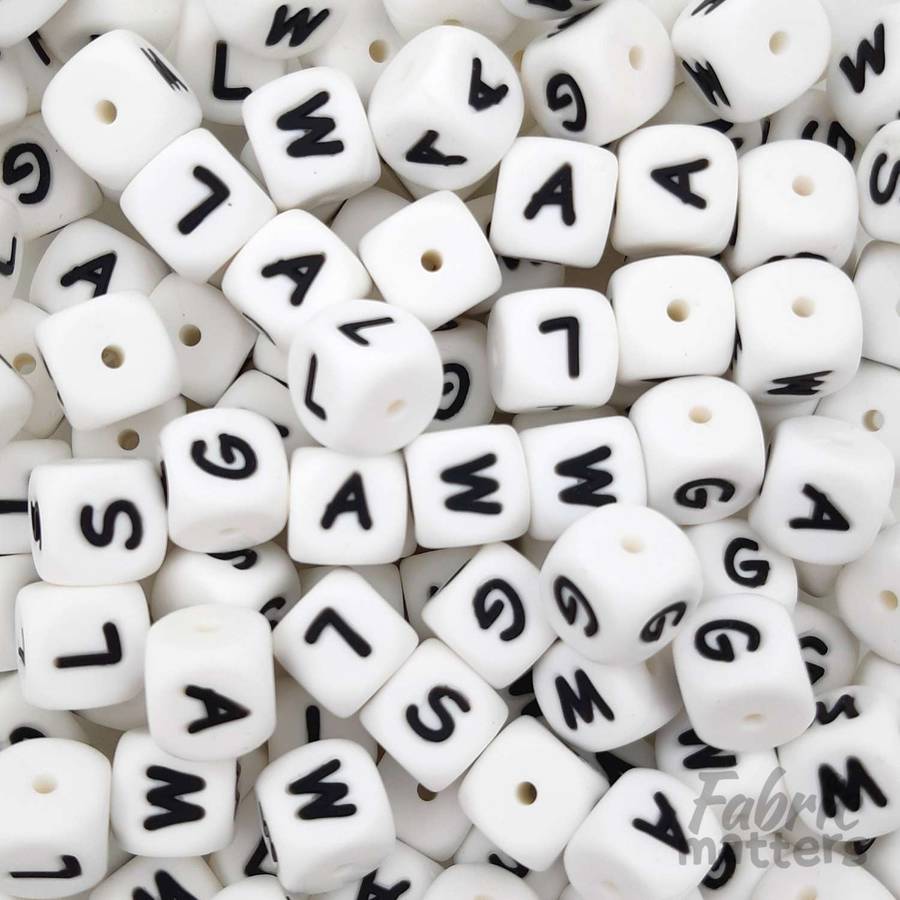 White Alphabet Silicone Beads - S