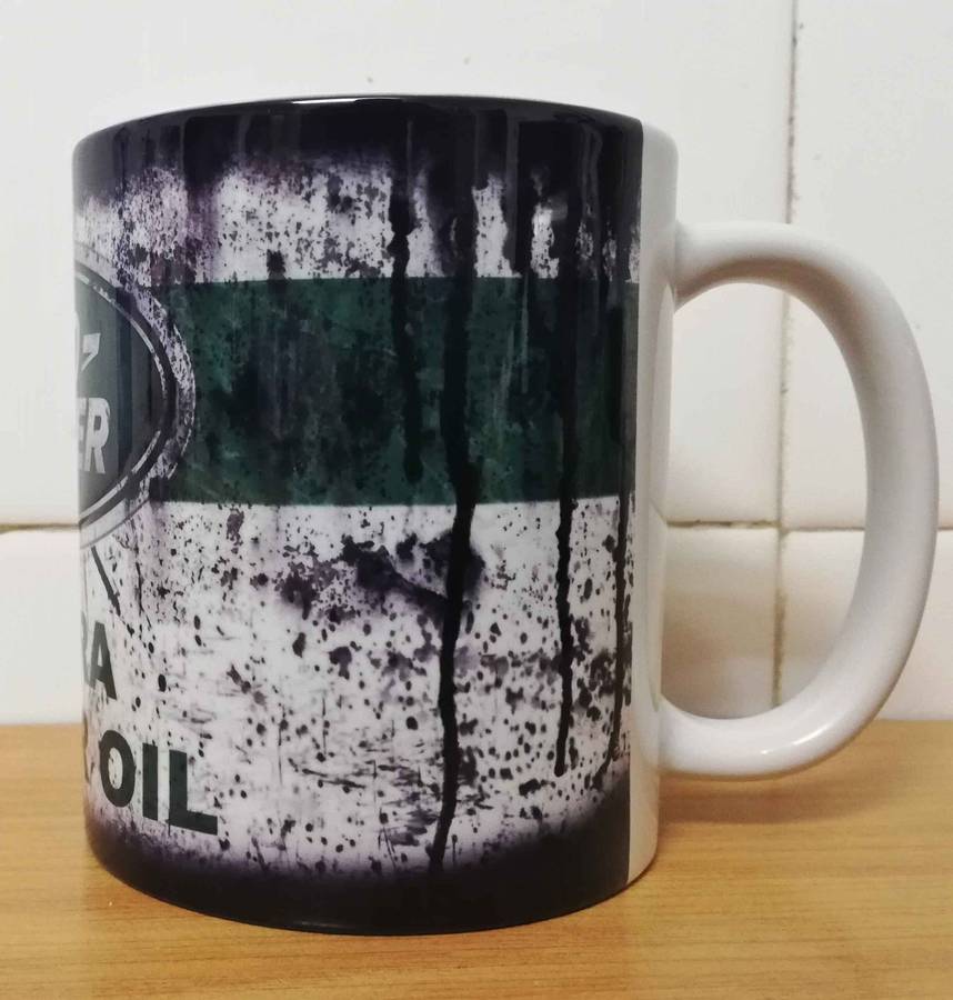 Messy oil can Coffee mug Land Rover White