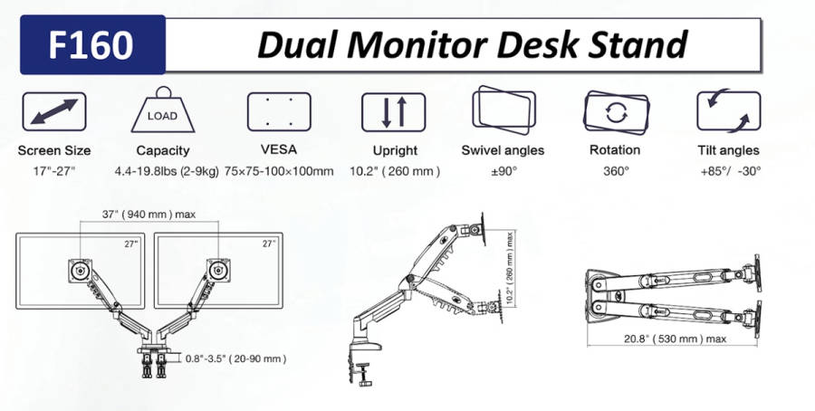 North Bayou Desktop Mount for 2 Screens(F160) - 17" - 27"