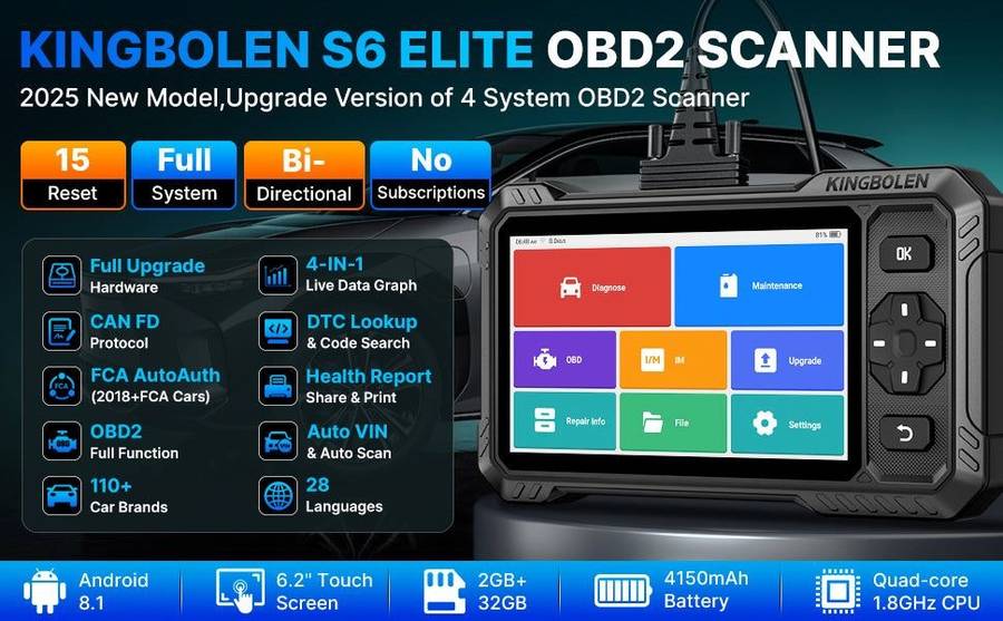 KINGBOLEN S6 Elite Full System Scanner, 15 Resets, Bi-Directional, CAN FD