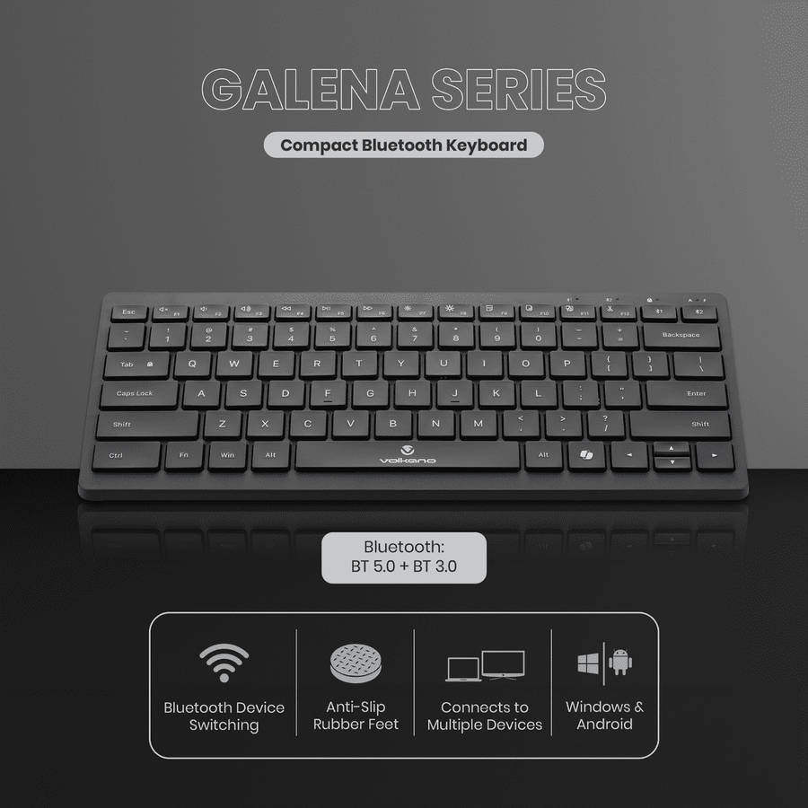Volkano Galena Series Bluetooth Dual-Device Compact Wireless Keyboard  Black