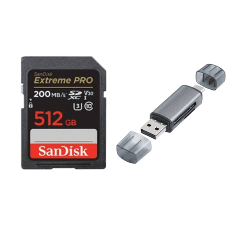 SanDisk 512GB Extreme PRO UHS-I SDXC Memory Card 200MB/s + USB-C Card Reader
