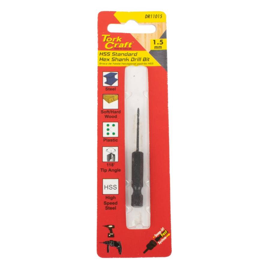 Tork Craft - Drill Bit Hss Standard 1.5mm Hex Shank 1/Card - 25 Pack