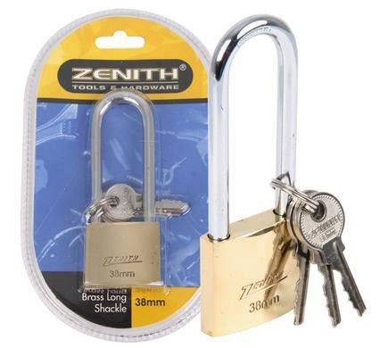 Padlock Zenith Brass 38mm Long-Shackle Bls - 2 Pack