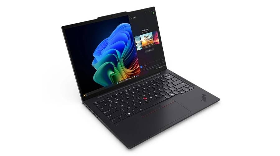 Three-quarter front right view of the Lenovo ThinkPad T14s Gen 6 laptop with display open and keyboard visible facing right