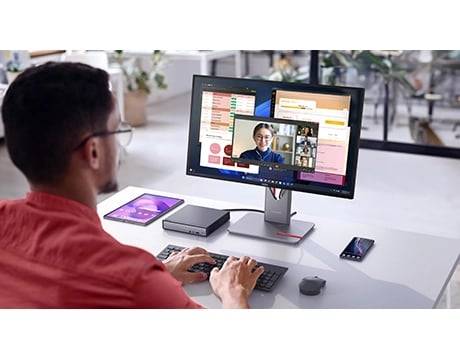 Fitting into small spaces, the Lenovo ThinkCentre Neo 50q Gen 5 Tiny PC is perfect even for a minimalist style workplace.