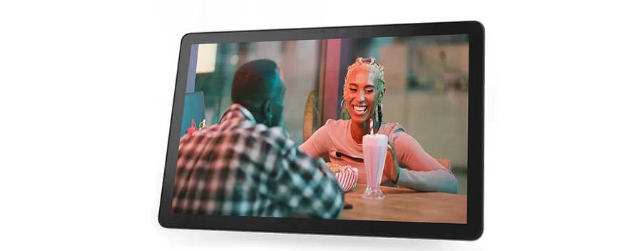 Tab M10 Gen 3 front facing with movie on screen featuring a couple sitting at a table