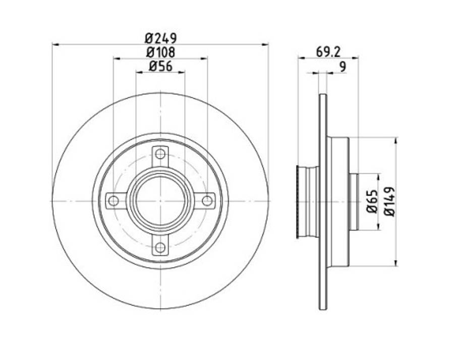 Peugeot brake disc rear - with hub 248.4x9/69.2 WITH BEARING