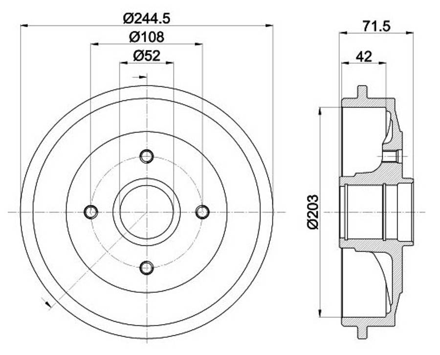 Peugeot brake drum - rear 203.1mm ID WITH HUB