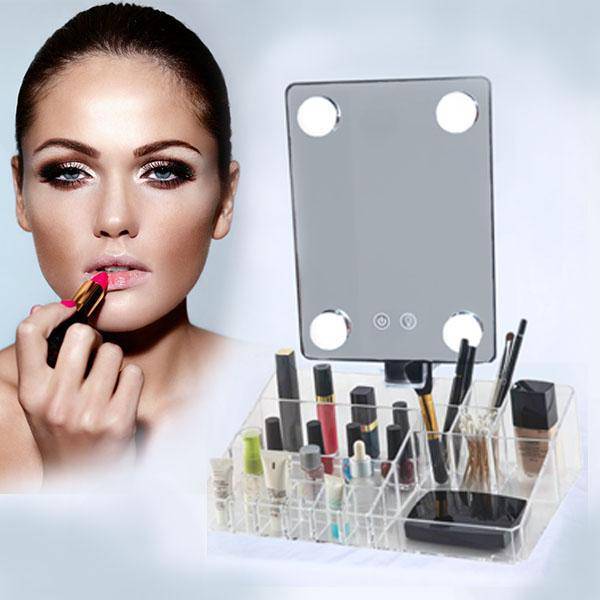4 Lights Acrylic Makeup Organizer with Lipstick Storage