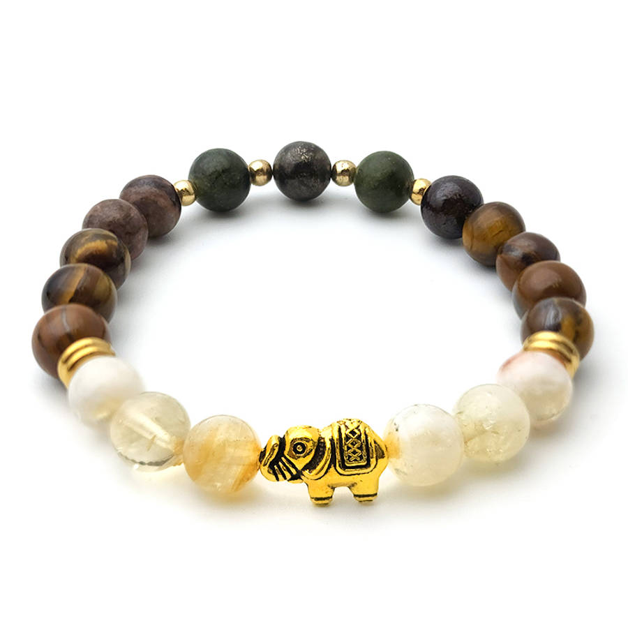 Evara Pyrite Citrine Jade Tigerseye Natural Stone &amp; Elephant Bracelet
