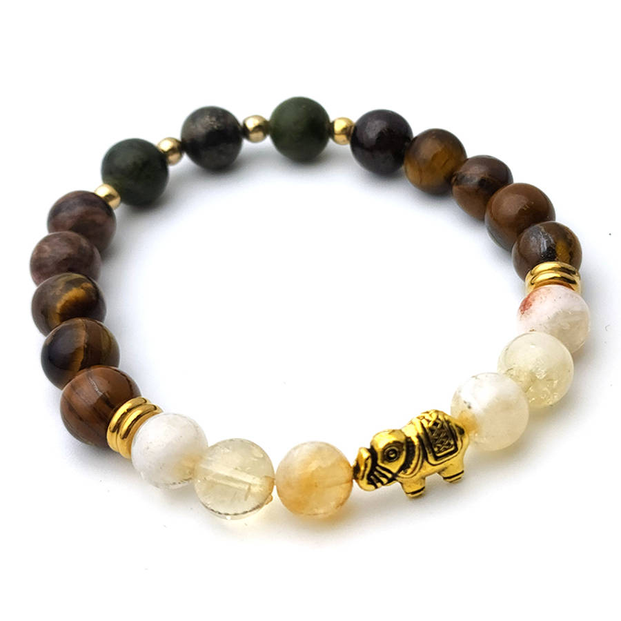 Evara Pyrite Citrine Jade Tigerseye Natural Stone &amp; Elephant Bracelet