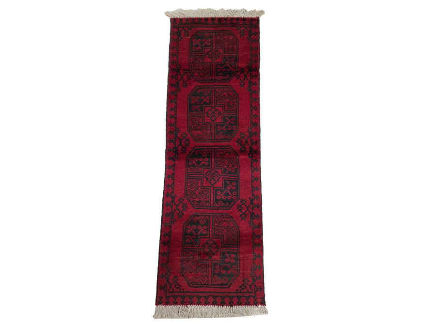 Red Afghan Elephant Foot Design Handmade Runner 147 x 49 CM