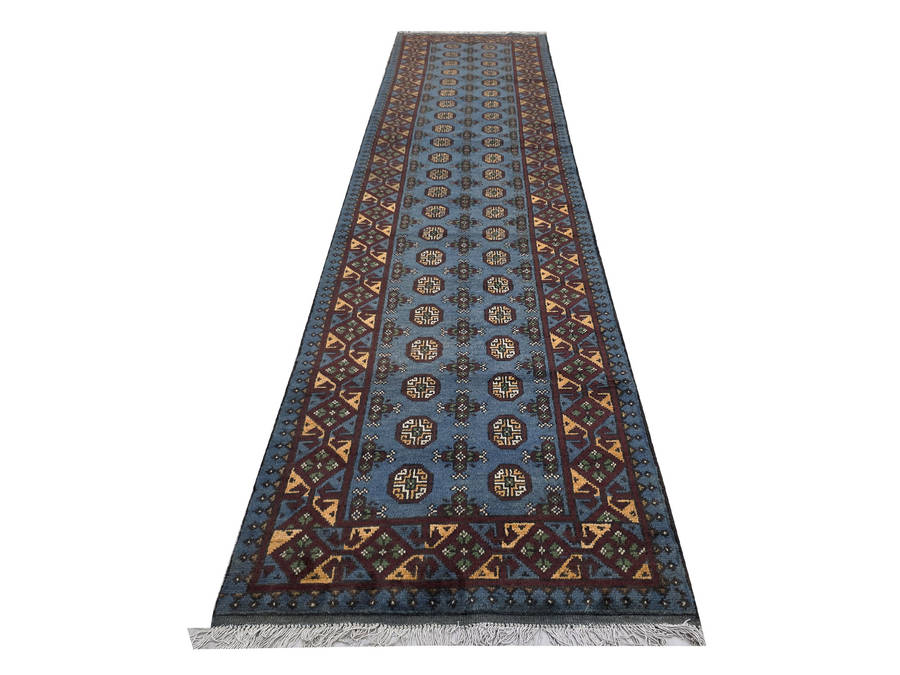 Stunning blue Kunduz Bukhara Carpet 393 x 80cm